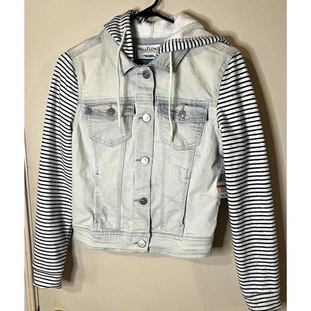 Wallflower The Dreamer Fit Girls S Hooded Denim Jacket Striped Sleeves Blue